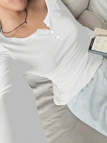 SHEIN EZwear Camiseta de manga larga de cuello redondo de ajuste ceñido casual para mujer, adecuada para otoño/invierno - Blanco - Ver 4