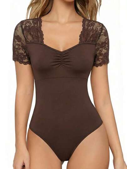 EMERY ROSE Women's Lace Patchwork Sweetheart Neck Short Sleeve Bodysuit