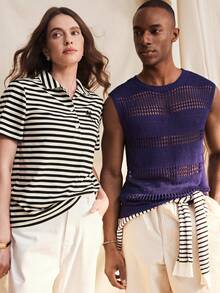 Zovinel New Striped Casual Women's Polo Collar Short Sleeve T-Shirt, Spring/Summer - Black and White - View 8