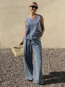 DAZY Conjunto de chaleco y pantalones de mezclilla casual para mujer - Azul - Ver 5