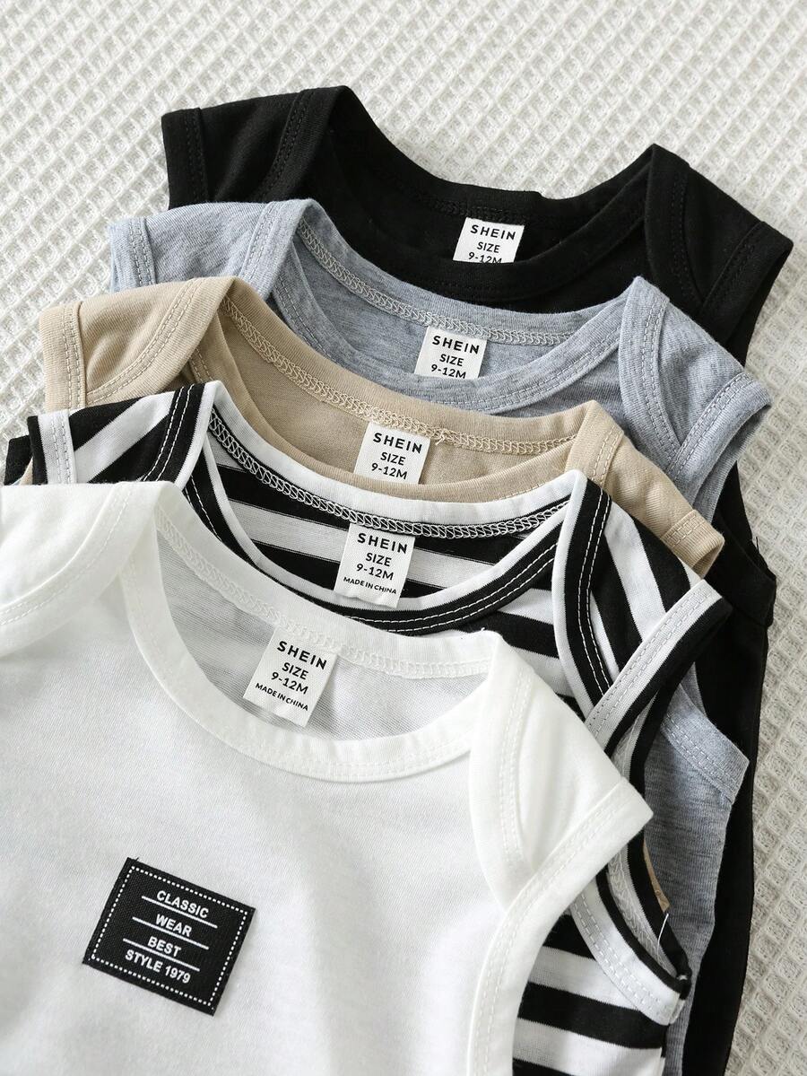 SHEIN 5pcs/Set Newborn Baby Boy Casual Versatile Soft Knit Striped Undershirt Style Outfit Set - Multicolor - View 1