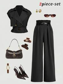 SHEIN MOD Women's Solid Color Lapel Sleeveless Fashion Versatile Suit Set - Black - View 1