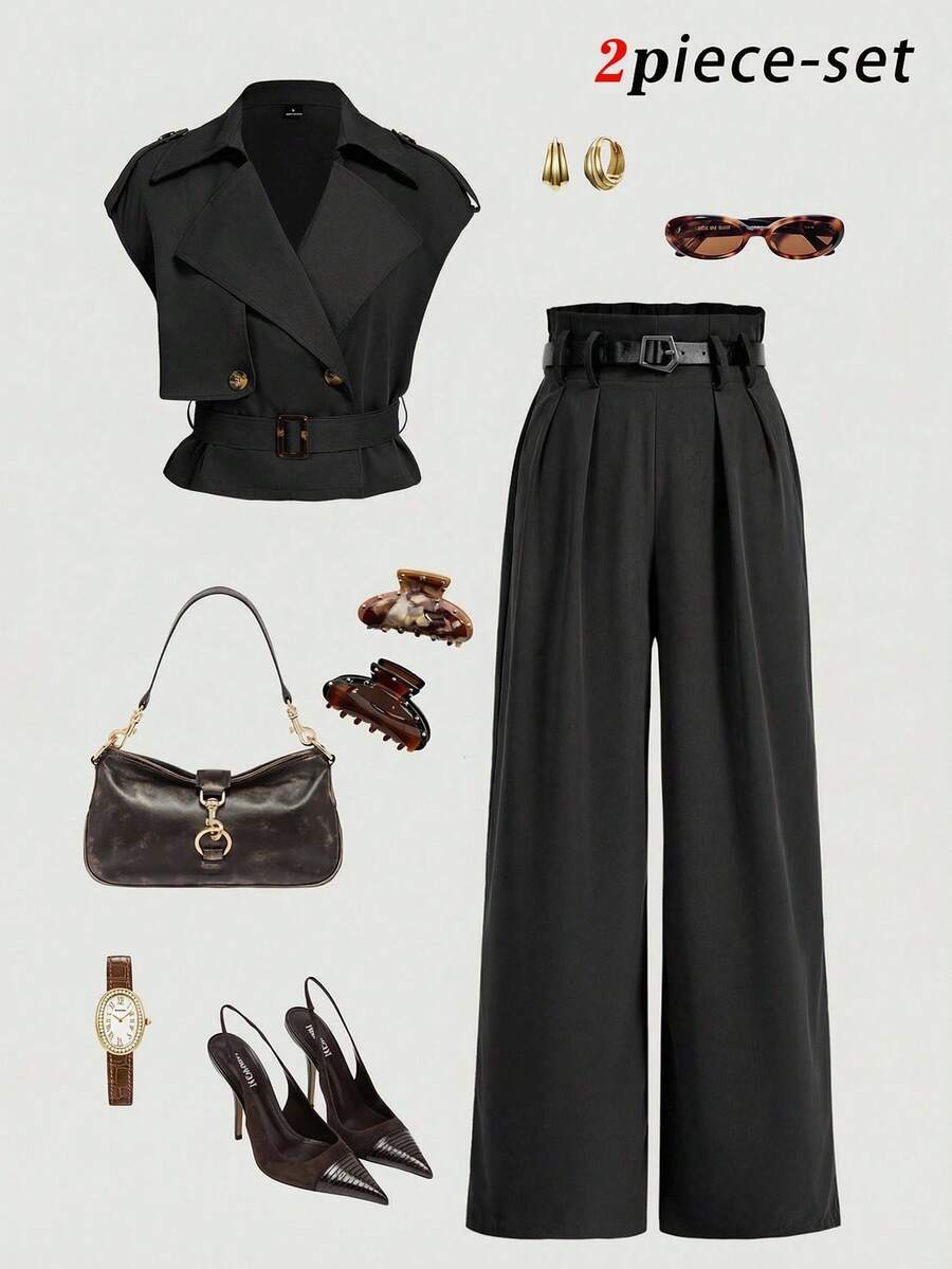SHEIN MOD Women's Solid Color Lapel Sleeveless Fashion Versatile Suit Set - Black - View 1