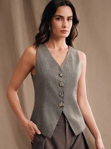 Anewsta Women's Elegant Date/Commute Sleeveless V-Neck Grey Vest With Metallic Decorative Button - Grey - View 5