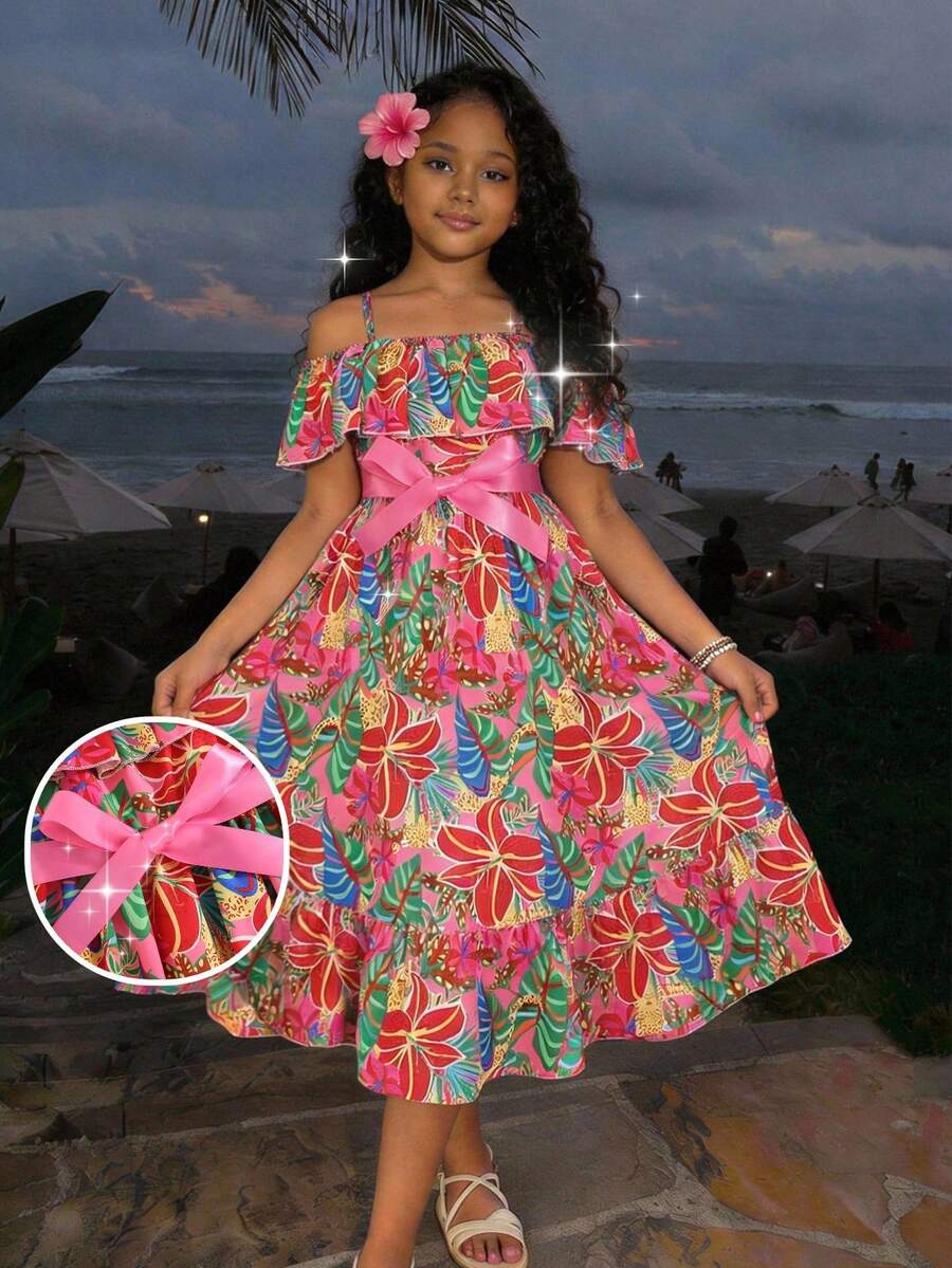 Sparklyn Mädchen Lässig Kleid mit Blume Muster und Rüschensaum - Verschiedenfarbig - Übersicht 1