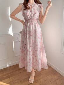 FRIFUL Women's Floral Lace Trim Mock Neck Cap Sleeve Floral Print Dress, Sweet A-Line Silhouette, Resort Style Sundress Boho Vacation Outfits Women - Apricot - View 6