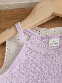 SHEIN Elladie kids 女童夏季三件套：无袖露脐上衣、直筒短裤和带腰带装饰的薄针织外套，休闲舒适 - 彩色 - 查看 8