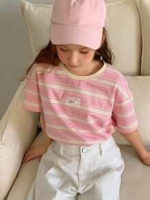 DAZY 少女条纹圆领短袖休闲宽松百搭T恤 - 粉色 - 查看 6
