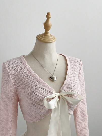 Elamini Women's Light Pink Cute Cardigan, Sexy Tie Front Casual Daily Commute Sun Protection Top, Elegant Vacation Stylish Sweater, Spring Summer