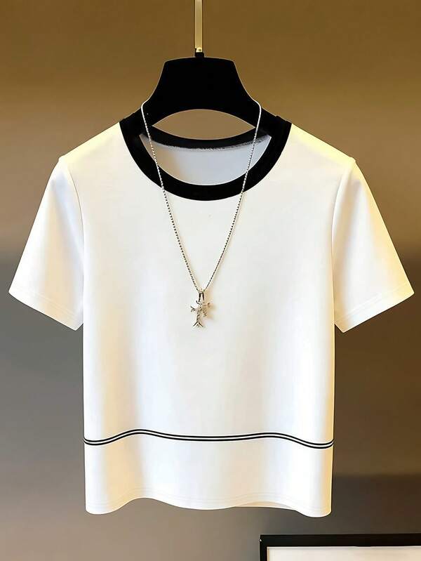 Franclia 法式风格女士白色T恤，白色上衣，黑色滚边，适合海滩、夏季、办公室休闲穿着，百搭时尚，日常休闲穿着，都市职业教师必备，女士夏季服装，夏季上衣，夏季，女士户外上衣