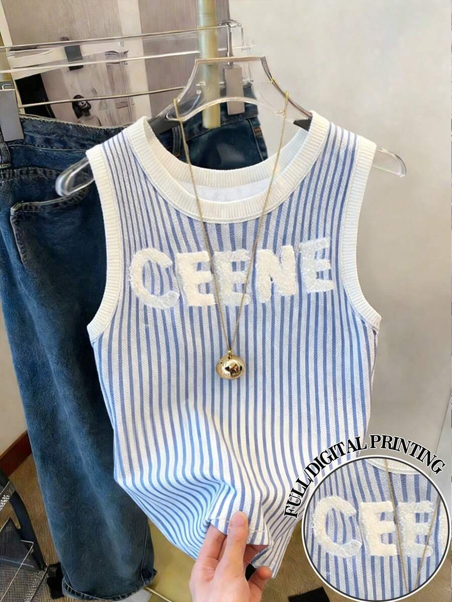 Resyla Women's Regular Letter Striped Crew Neck Casual Tank Top - Multicolor - View 1