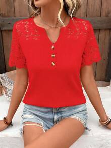 Breezaya Camiseta de verano casual de unicolor con cuello en pico, manga corta y encaje calado - Rojo - Ver 6