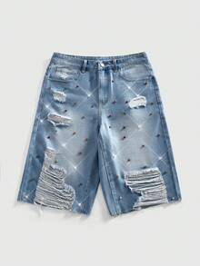 ROMWE MEN Pantalones cortos de mezclilla casuales y sueltos con tachuelas para hombre - Azul - Ver 6