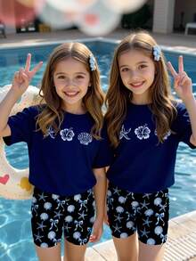 少女休闲时尚创意印花短袖T恤和骑行短裤套装，包含花卉、贝壳、海星、蝴蝶结图案，舒适百搭，适合春、夏、秋季穿着。 - 彩色 - 查看 7