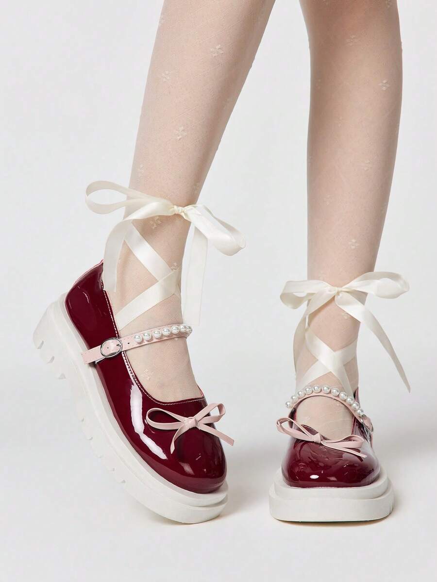 ROMWE Kawaii Women's Fashionable Sweet Bow Decor Lace-Up Flats - Red and pink color matching - View 1