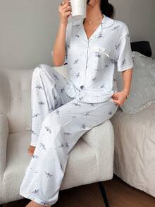 DAZY 2pcs Cute Dragonfly Pattern Loose Short Sleeve Cardigan And Long Straight Leg Pajama Pants Set, Women Summer Sleepwear - Baby Blue - View 5