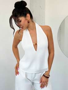 Firerie Women's Summer New V-Neck Beaded Halter Vacation Shirt Blouse, Women's V-Neck Blouse, Summer Vacation Shirt, Backless Top, Beaded Top, Spring Summer Clothing, Elegant, Date, Party, Music Festival, Boho, Vacation, Bohemian, Beach - White - View 5