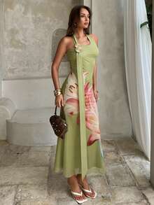 Aloruh 女士春夏新款不对称设计飘逸领金属装饰超长鱼尾褶皱印花黄色连衣裙 - 彩色 - 查看 8