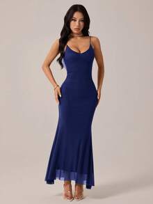 SHEIN PETITE 情人节酒红色浪漫约会派对吊带露背垂褶领长款网纱连衣裙（女款） - 藏蓝色 - 查看 3