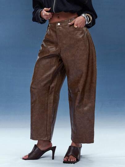Normani Pantalón de piel sintética de pierna de barril para otoño e invierno, pantalón de barril elegante para salir de noche y citas