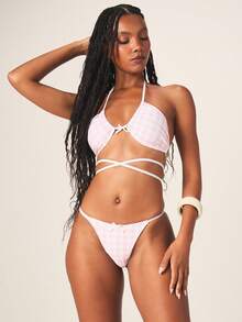 MISSGUIDED Áo bikini kiểu yếm buộc dây họa tiết kẻ caro với chi tiết dây buộc phía sau và cổ áo hình trái tim, đồ bơi mùa hè đi biển. - Hồng - Xem 1