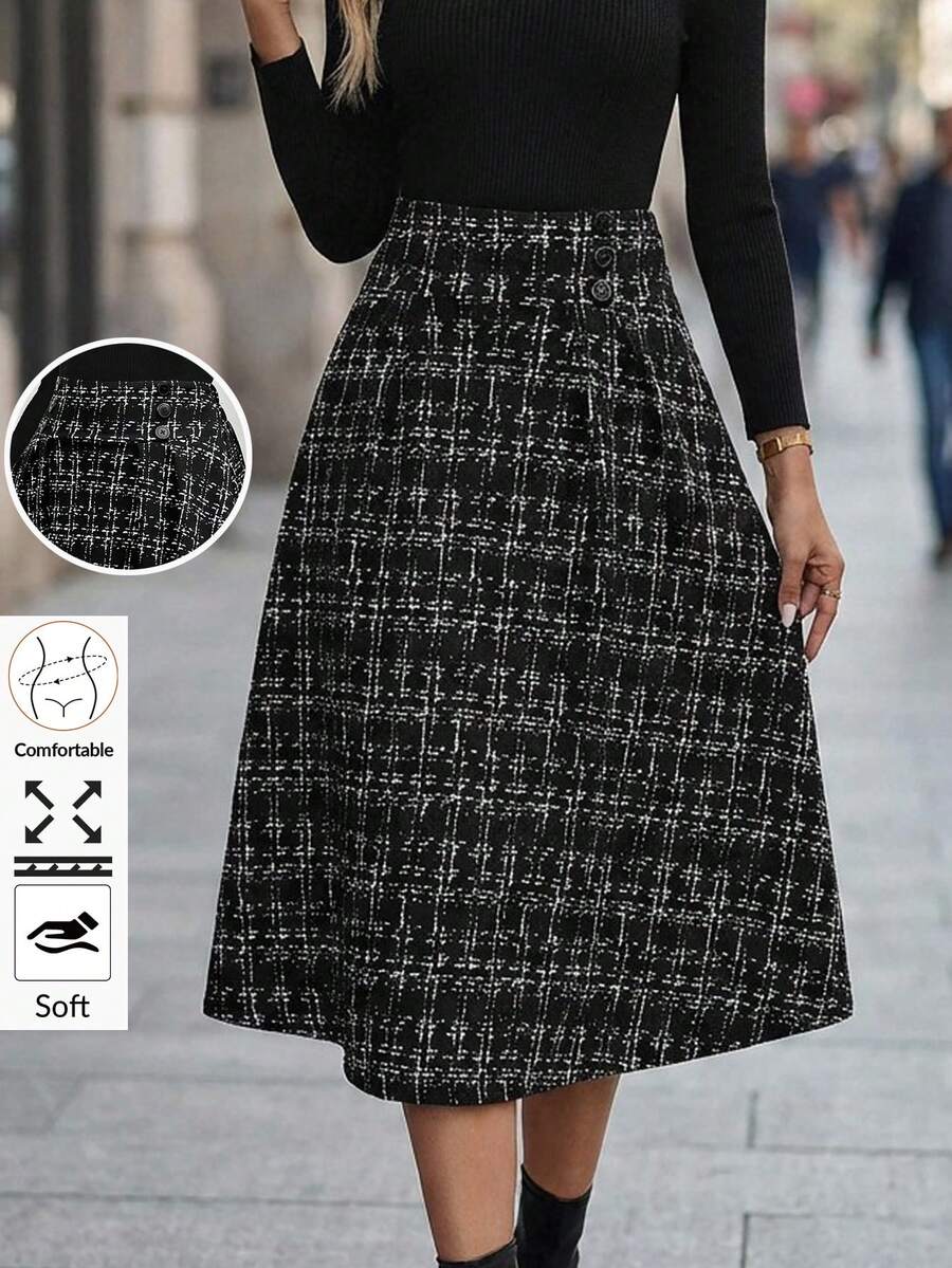 Editum 女式格子 A 字裙，仿高腰，适合优雅通勤和休闲穿着，秋冬季 - 黑與白 - 查看 1
