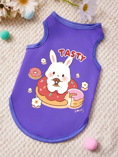 PETSIN 1 Piece Cute Bunny Eating Donuts, Letter Printed Pet Vest, Purple Skin Friendly, Breathable Pet Clothes