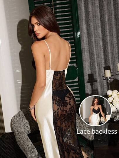 SilkySpell 1pc Women's Sexy V-Neck Camisole Nightgown, Elegant Satin Long Dress, Lace Color Block In Light Yellow, Suitable For All Seasons