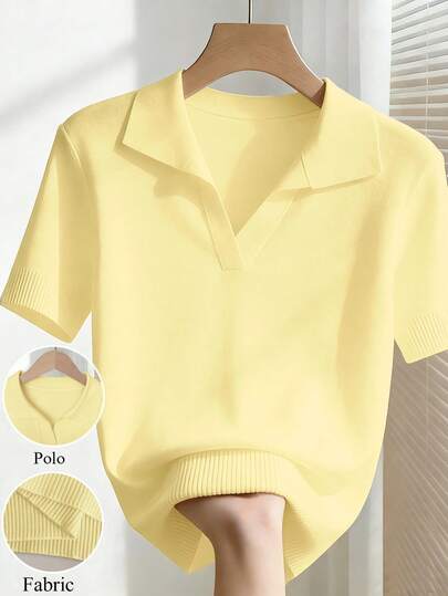 Franclia Women's Simple Solid Color Turndown Collar Short Sleeve Casual Fitted Knit Top, Versatile For Spring And Summer Pastel Yellow Top Summer Tops Yellow