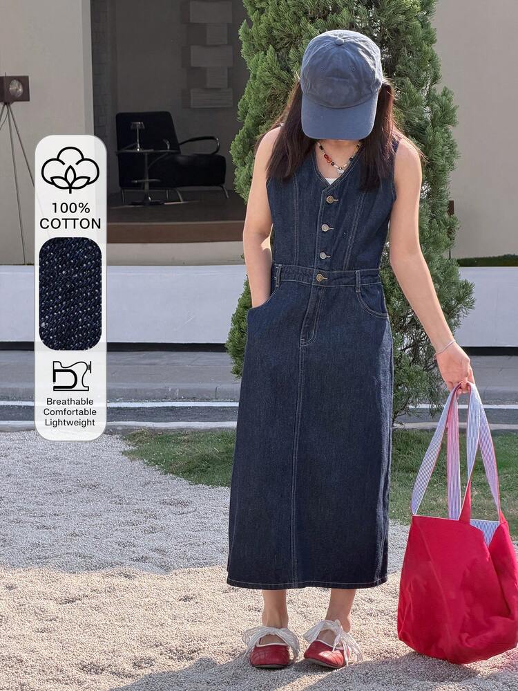 Tween Girls' V-Neck Button Half Placket Pocket Casual Sleeveless Denim Dress