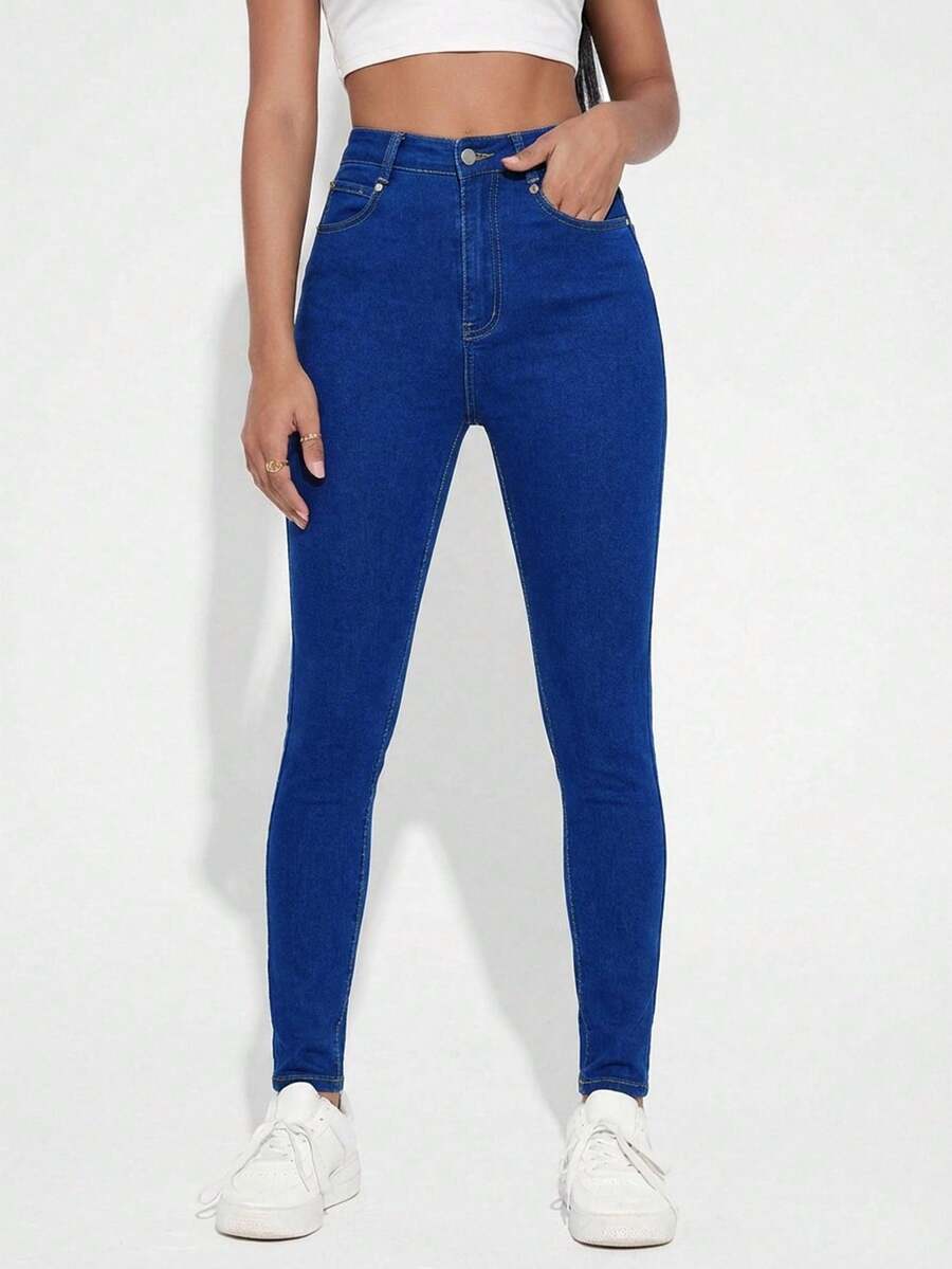 Flexra Calça Jeans Skinny Minimalista Casual para Uso Diário Feminino - Azul - Visão 1
