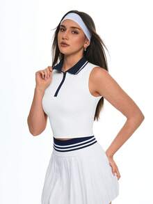 Eassivo Women's White Sleeveless Polo Crop Top, Contrast Navy Collar Zip Up Sports Shirt, Fitted Athletic Tank Top For Tennis Golf Gym, Casual Preppy Style Activewear,Tennis Polo - White - View 7