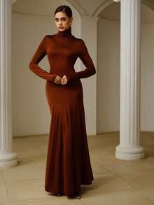 ZEYLAH 女士修身高领针织连衣裙，简约风格，秋冬款 - 深棕色 - 查看 4