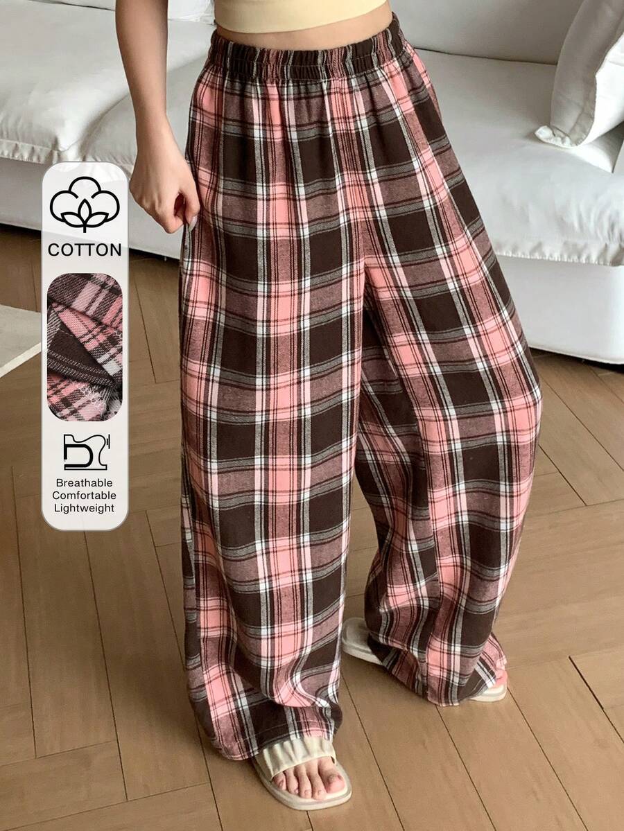 Livesso Plaid Loose Straight Leg Long Pajama Pants, Suitable For Spring And Summer Loungewear - Pink - View 1