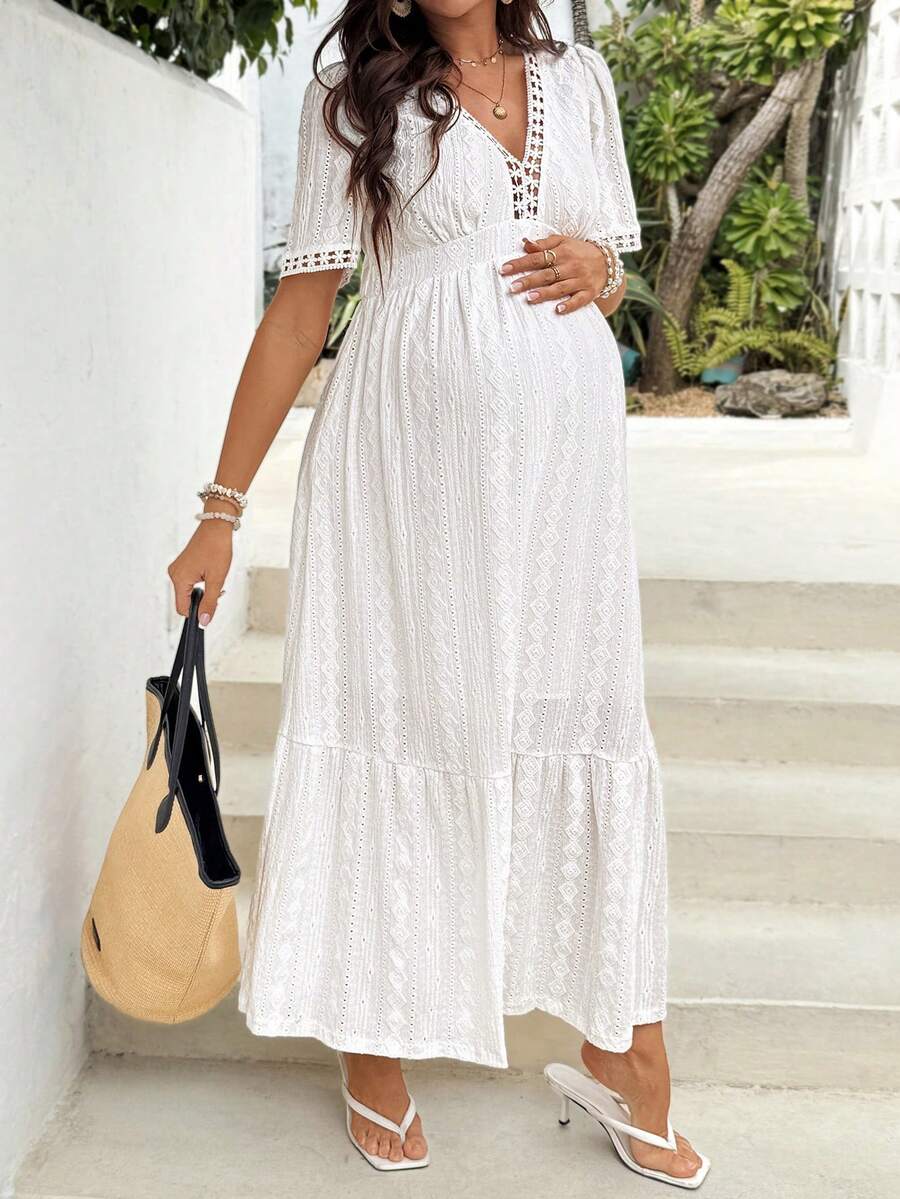 SHEIN 孕妇夏季休闲度假纹理荷叶边下摆连衣裙 - 白色 - 查看 1