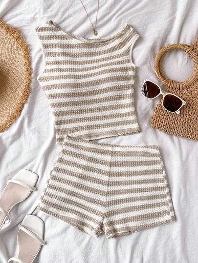 SHEIN 2pcs/Set Teen Girls Striped Knit Asymmetric Shoulder Fitted Top And Ultra Low Waist Skinny Shorts, Suitable For Holiday, Party, Christmas, Valentine's Day, Date, Beach, Cruise, Carnival, Easter