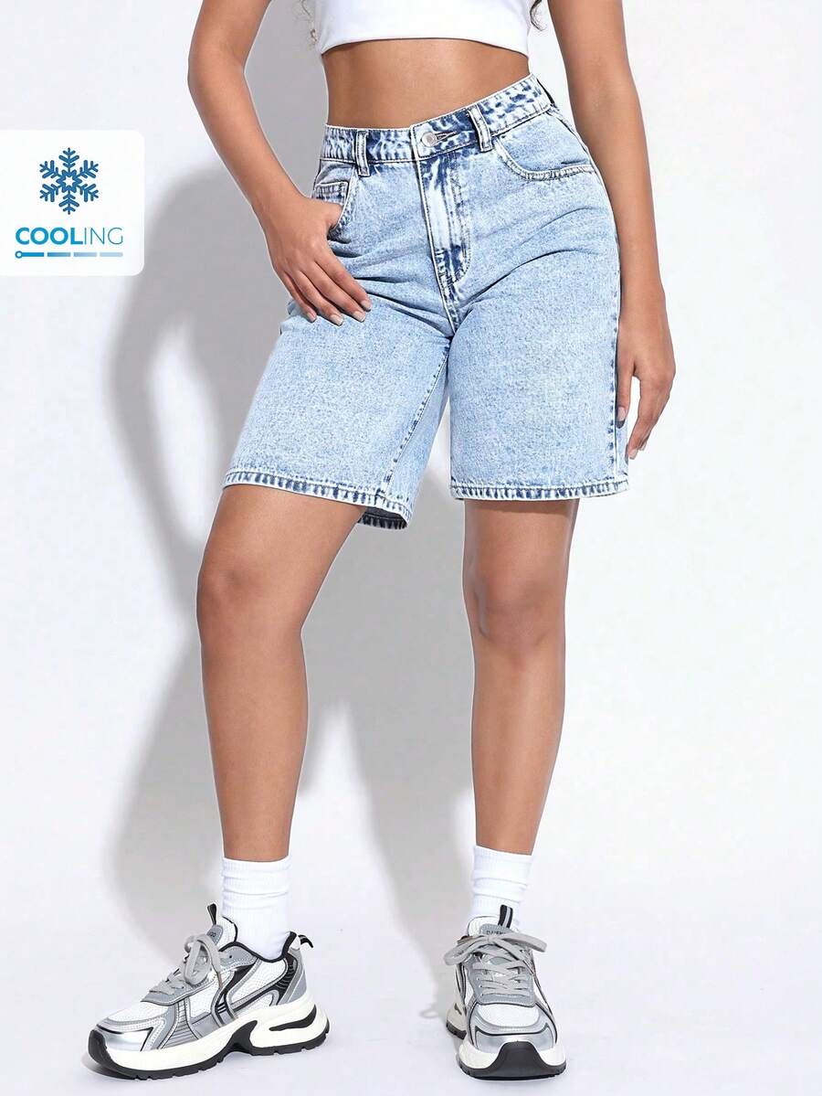 SHEIN PETITE 女士休闲牛仔短裤，夏季时尚 - 藍色 - 查看 1
