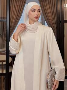 DAZY Conjunto de 2 piezas de vestido de tirantes con lentejuelas y parches y bata larga, elegante para mujer, para primavera/verano - Beis - Ver 3