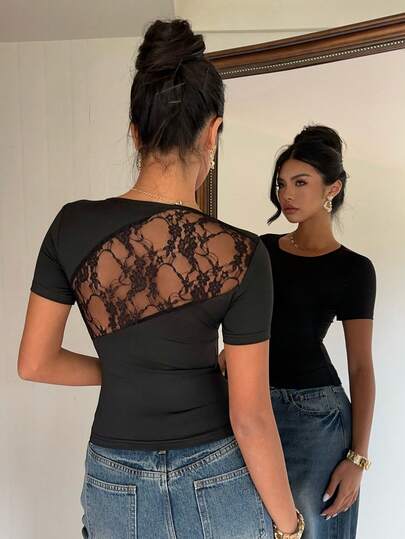 Siren Gaze Neuer Sommer Vintage Sexy Spitzen-Patchwork Rundhals Figurbetontes Slim T-Shirt für Frauen