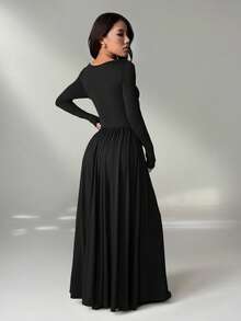 SHEIN PETITE Đầm nữ thanh lịch màu trơn, thắt eo - màu đen - Xem 3