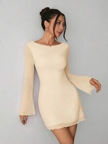 SHEIN PETITE Women's New Sexy Backless Trumpet Sleeve Mesh Dress For Early Autumn Open Back Dress Elegant Mini Dress Creme Dress Long Sleeve Midi Dress Women's Dresses - Apricot - View 4
