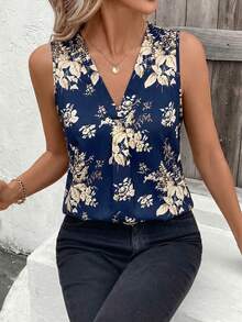 SHEIN Clasi 春夏植物印花无袖V领修身女式衬衫 - 藏蓝色 - 查看 4