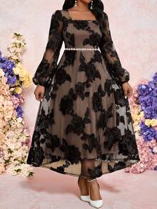 SHEIN Lady Elegant Spring Formal Wedding Dresses,Shades Of Brown Vintage Embroidery Square Neck Ball Gown Modest Plus Size Long Bishop Sleeve Cocktail Party - Pink - View 4