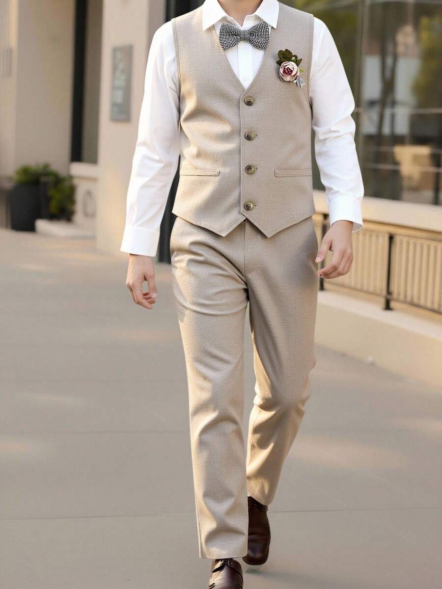 SHEIN Traje de 3 piezas para adolescentes: chaleco caqui, pantalones de cintura elástica, pajarita y camisa de manga larga, estilo caballero, primavera/verano en otoño/invierno