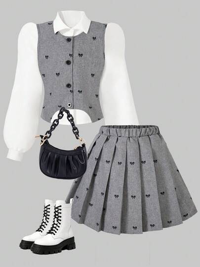 Sparklyn 3pcs/Set Girls' Spring/Autumn New Collared Long Sleeve White Shirt, Gray Bow Print Hem Design Vest, Pleated Skirt Cute Elegant Stylish School Uniform Outfit
