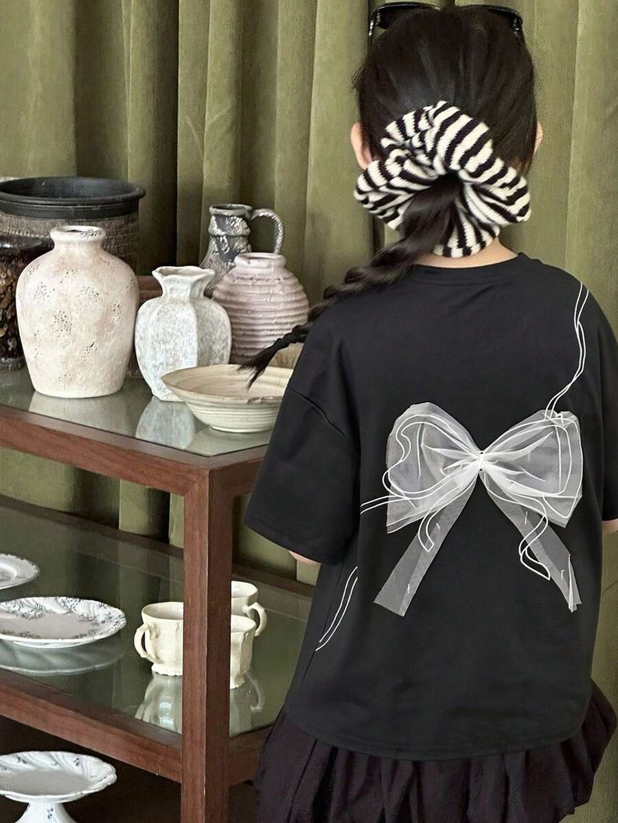 Dazy Kids 女童蝴蝶结装饰圆领针织短袖T恤,夏季 - 黑色 - 查看 1