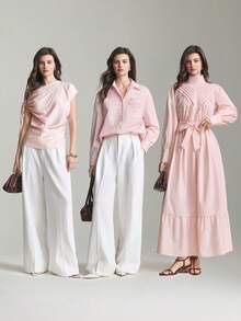 Ontre 2026新款早春粉色褶皱领腰蝴蝶结长裙，适合现代都市派对、返校季、婚礼、都市简约休闲日常穿着、波西米亚风、度假、节日、春季等场合。 - 粉色 - 查看 8