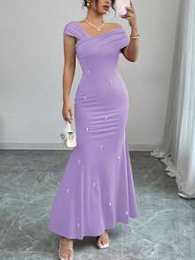 Rafferiza Elegant & Luxurious Asymmetrical Neckline Red Straight Tunic With Pearl Embellish Fishtail Hem Dress, For Women, Spring/Summer Mother Of The Bride Purple Gown For Prom Night - Purple - View 7