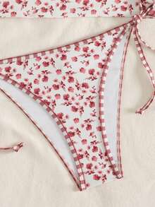 Swim Mod 女士夏季度假休闲沙滩装碎花两件套，包括吊带背心、系带比基尼上衣和条纹系带泳衣 - 彩色 - 查看 7