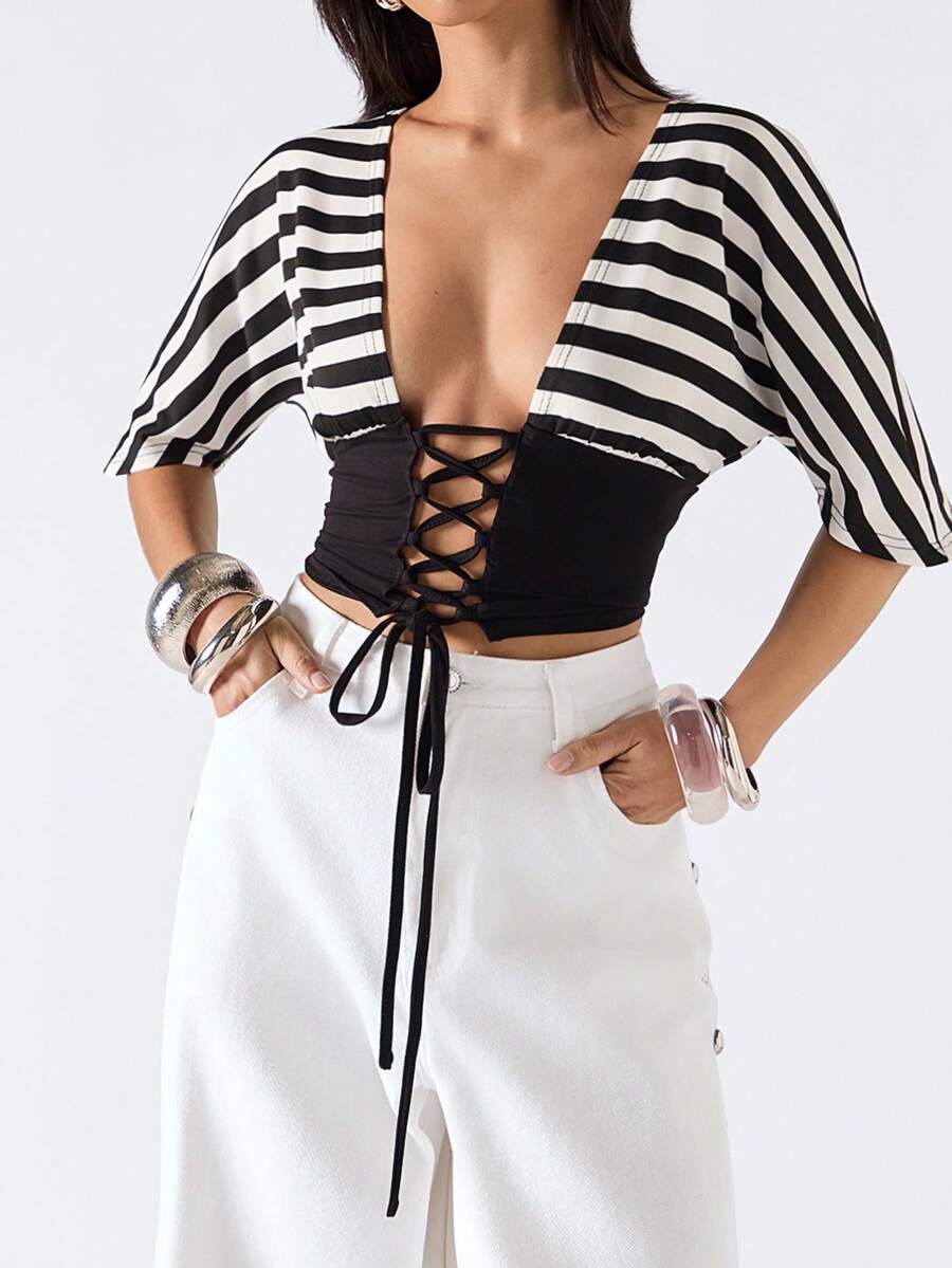 LYSMO 2026 New Arrive Minimalism Spring/Summer Women's Sexy Striped Patchwork Criss-Cross Tie Front T-Shirt, Summer - Black and White - View 1